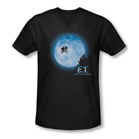 ET Shirts - Extra Terrestrial Shirt Slim Fit V Neck Moon Scene Black Tee T-Shirt