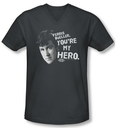Ferris Bueller's Day Off Shirt Slim Fit V Neck My Hero Charcoal Tee T-Shirt