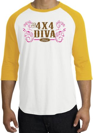 Ford Logo Raglan Shirt - 4x4 Diva Classic Car White/Gold T-Shirt