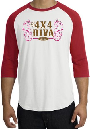 Ford Logo Raglan Shirt - 4x4 Diva Classic Car White/Red T-Shirt