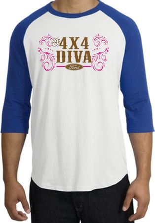 Ford Logo Raglan Shirt - 4x4 Diva Classic Car White/Royal T-Shirt