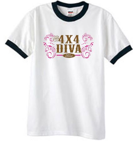 Ford Logo Ringer T-Shirt - 4x4 Diva Classic Car White/Black Tee Shirt