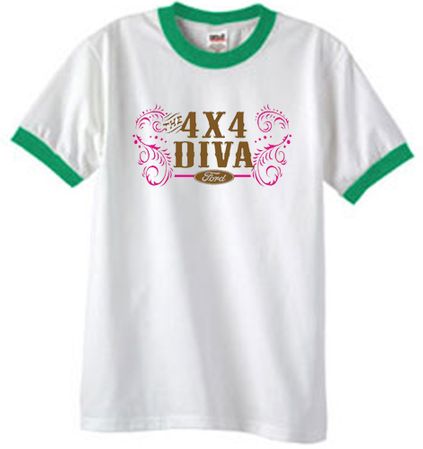 Ford Logo Ringer T-Shirt - 4x4 Diva Classic Car White/Kelly Green Tee