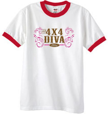 Ford Logo Ringer T-Shirt - 4x4 Diva Classic Car White/Red Tee Shirt