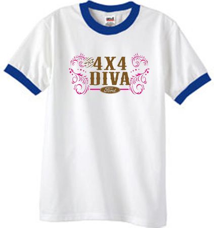 Ford Logo Ringer T-Shirt - 4x4 Diva Classic Car White/Royal Tee Shirt