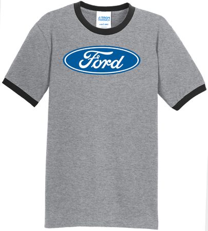 Ford Logo Ringer T-Shirt - Oval Emblem Adult Heather Grey/Black Tee