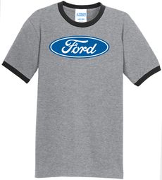Ford Logo Ringer T-Shirt - Oval Emblem Adult Heather Grey/Black Tee