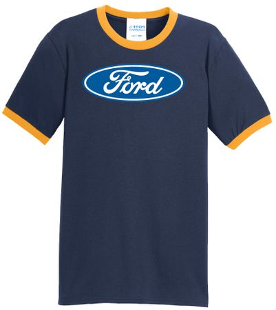 Ford Logo Ringer T-Shirt - Oval Emblem Adult Navy/Gold Tee