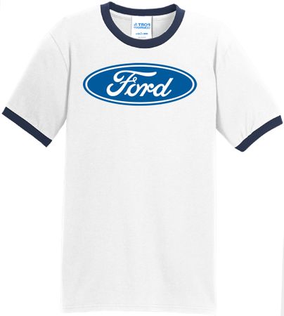Ford Logo Ringer T-Shirt - Oval Emblem Adult White/Navy Tee