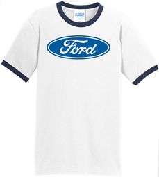 Ford Logo Ringer T-Shirt - Oval Emblem Adult White/Navy Tee