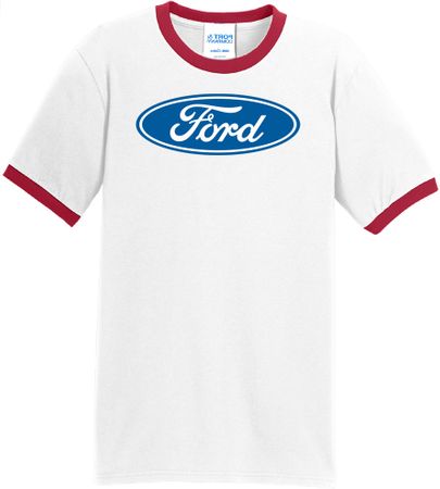 Ford Logo Ringer T-Shirt - Oval Emblem Adult White/Red Tee