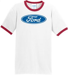 Ford Logo Ringer T-Shirt - Oval Emblem Adult White/Red Tee