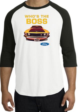 Ford Mustang Boss Raglan Shirt - Who's The Boss 302 Adult White/Black