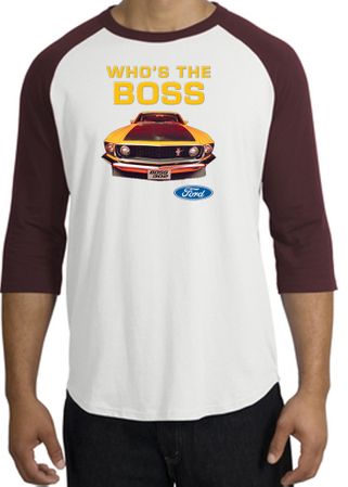 Ford Mustang Boss Raglan Shirt - Who's The Boss 302 Adult White/Maroon