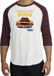 Ford Mustang Boss Raglan Shirt - Who's The Boss 302 Adult White/Maroon