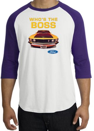Ford Mustang Boss Raglan Shirt - Who's The Boss 302 Adult White/Purple