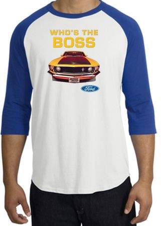 Ford Mustang Boss Raglan Shirt - Who's The Boss 302 Adult White/Royal