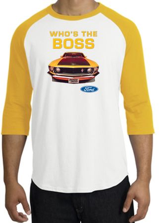Ford Mustang Boss Raglan Shirt - Who's The Boss 302 White/Gold T-Shirt