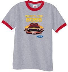 Ford Mustang Boss Ringer T-Shirt - Who's The Boss 302 Heather Grey/Red Ford Mustang Boss Ringer T-Shirt - Who's The Boss 302 Heather Grey/Red