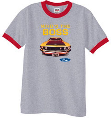 Ford Mustang Boss Ringer T-Shirt - Who's The Boss 302 Heather Grey/Red