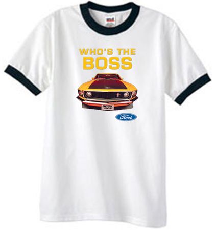 Ford Mustang Boss Ringer T-Shirt - Who's The Boss 302 White/Black Tee