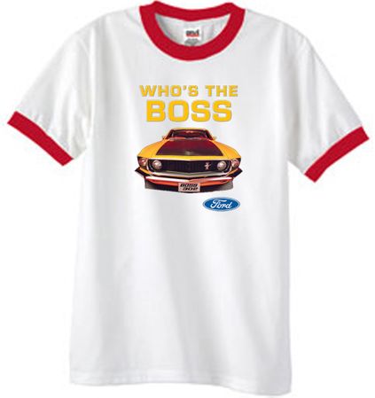Ford Mustang Boss Ringer T-Shirt - Who's The Boss 302 White/Red Tee