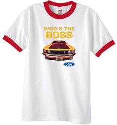 Ford Mustang Boss Ringer T-Shirt - Who's The Boss 302 White/Red Tee Ford Mustang Boss Ringer T-Shirt - Who's The Boss 302 White/Red Tee