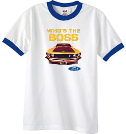 Ford Mustang Boss Ringer T-Shirt - Who's The Boss 302 White/Royal Tee