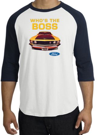 Ford Mustang Boss Shirt Whos The Boss 302 Raglan Tee White/Navy