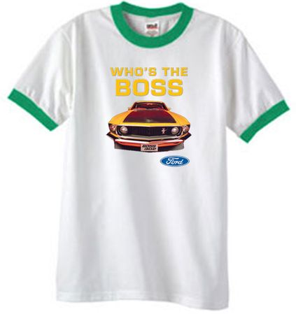 Ford Mustang Boss Shirt Whos The Boss 302 Ringer Tee White/Kelly Green