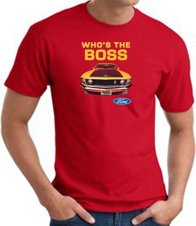 Ford Mustang Boss T-Shirt - Who's The Boss 302 Adult Red Tee Shirt