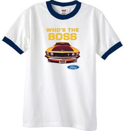 Ford Mustang Boss T-Shirt Whos The Boss 302 Ringer Tee White/Navy