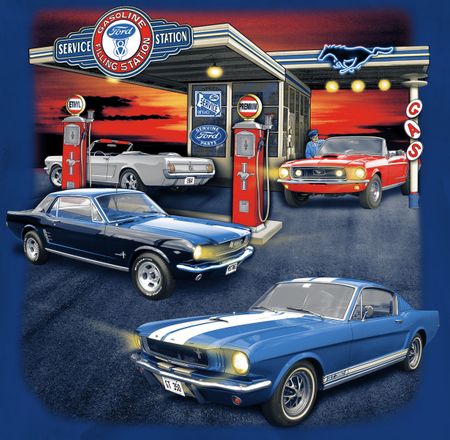 Ford Mustang Gas Station Mens T-shirt - Ford Blue Tee Shirt