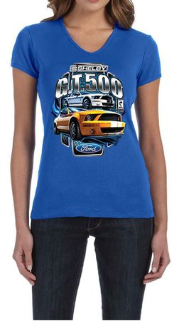 Ford Mustang Ladies Shirt Yellow White GT500 V-neck Tee T-Shirt