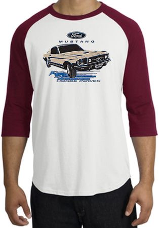 Ford Mustang Raglan Shirt - Horsepower Adult White/Cardinal T-Shirt