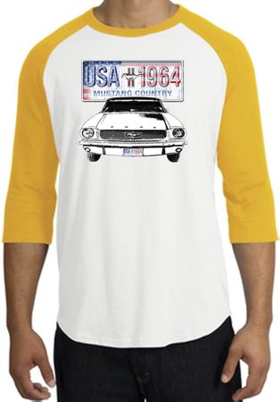 Ford Mustang Raglan Shirt - USA 1964 Country Adult White/Gold T-Shirt