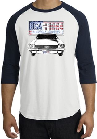 Ford Mustang Raglan Shirt - USA 1964 Country Adult White/Navy T-Shirt