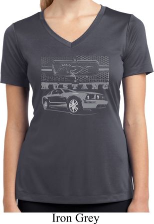 Ford Mustang with Grill Ladies Moisture Wicking V-neck Shirt