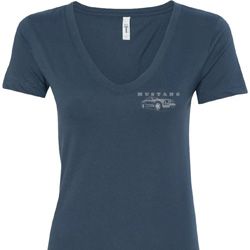 Ford Mustang with Grill Pocket Print Ladies V-Neck Shirt Ford Mustang with Grill Pocket Print Ladies V-Neck Shirt