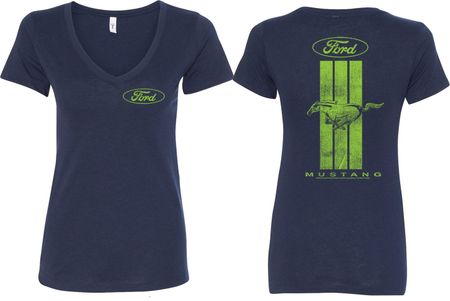 Ford Tee Green Mustang Stripe (Front & Back) Ladies V-neck