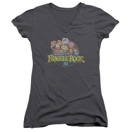 Fraggle Rock Juniors V Neck Shirt Circle Logo Charcoal T-Shirt