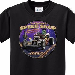 Frankenstein Frankie's Speed Shop Kids Halloween Shirts