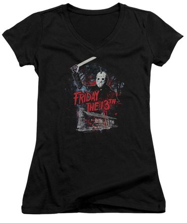 Friday the 13th Juniors V Neck Shirt Jason Attacks Cabin Black T-Shirt