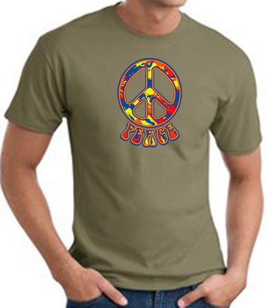 Funky 70s Peace World Peace Sign Symbol Adult T-shirt - Army Green