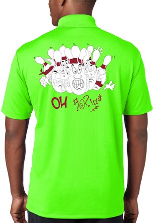 Funny Bowling "OH" Polo Shirts - Front & Back - Neon Green