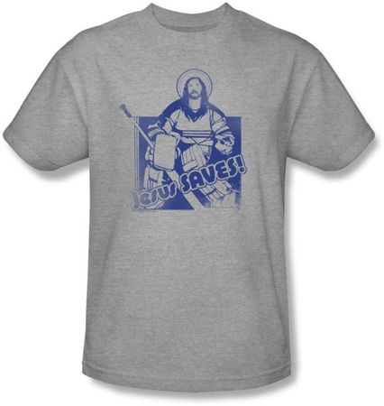 Funny Hockey T-shirt - Jesus Saves Goalie Adult Gray T-shirt