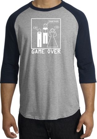 Game Over Marriage Ceremony Raglan Heather Grey/Navy - White Print