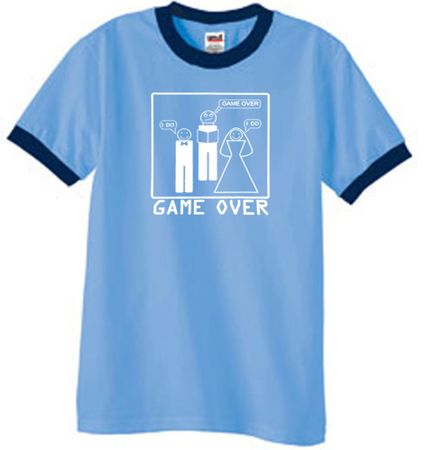 Game Over Marriage Ceremony Ringer Carolina Blue/Navy Tee White Print