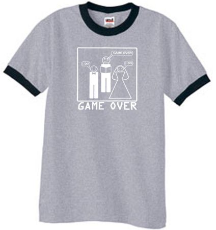 Game Over Marriage Ceremony Ringer Heather Grey/Black Tee White Print