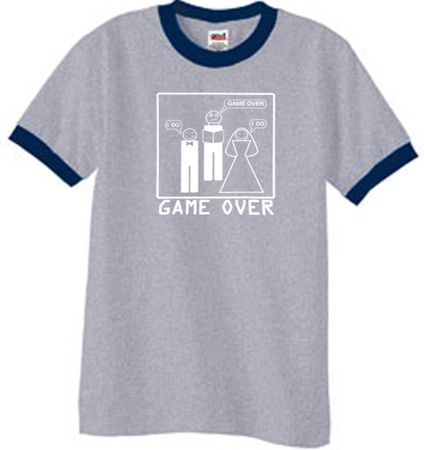 Game Over Marriage Ceremony Ringer Heather Grey/Navy Tee White Print